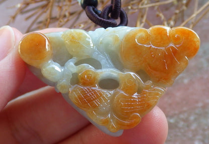 Certified Hand Carved Natural Myanmar Burma Red Green 100% A Jade jadeite Mandarin Duck Flower Lotus Pendant Necklace