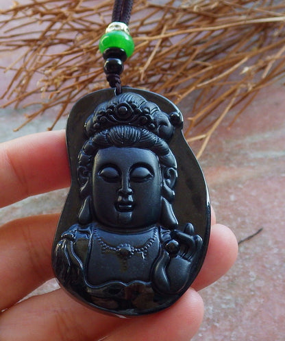 Certified Hand Carved Dark Green Natural Myanmar Burma A Jade Jadeite Guanyin Kwan yin Pendant Necklace