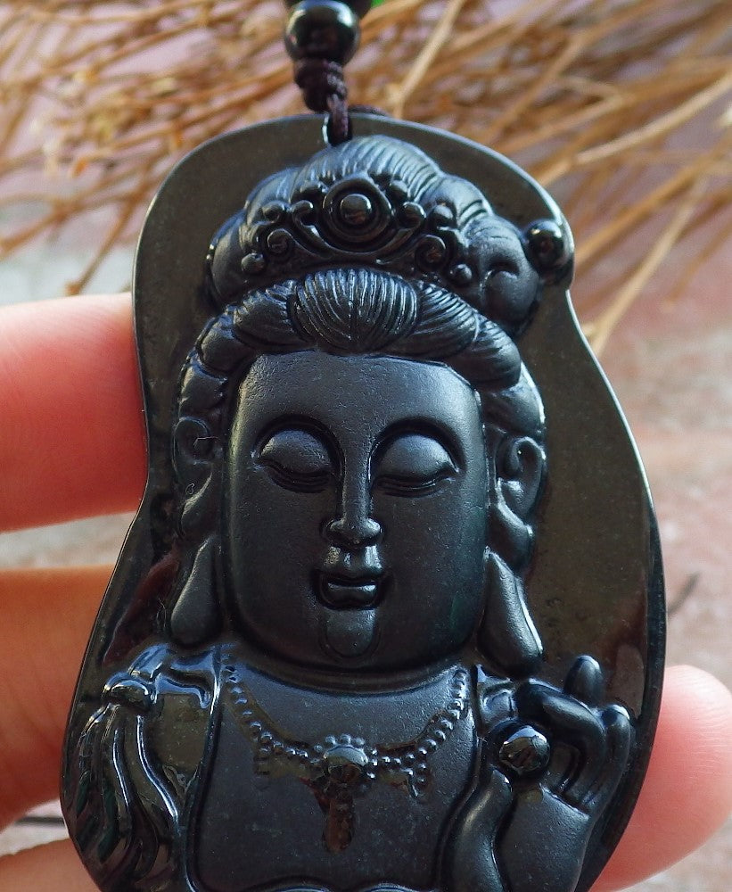 Certified Hand Carved Dark Green Natural Myanmar Burma A Jade Jadeite Guanyin Kwan yin Pendant Necklace