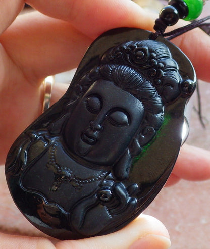 Certified Hand Carved Dark Green Natural Myanmar Burma A Jade Jadeite Guanyin Kwan yin Pendant Necklace