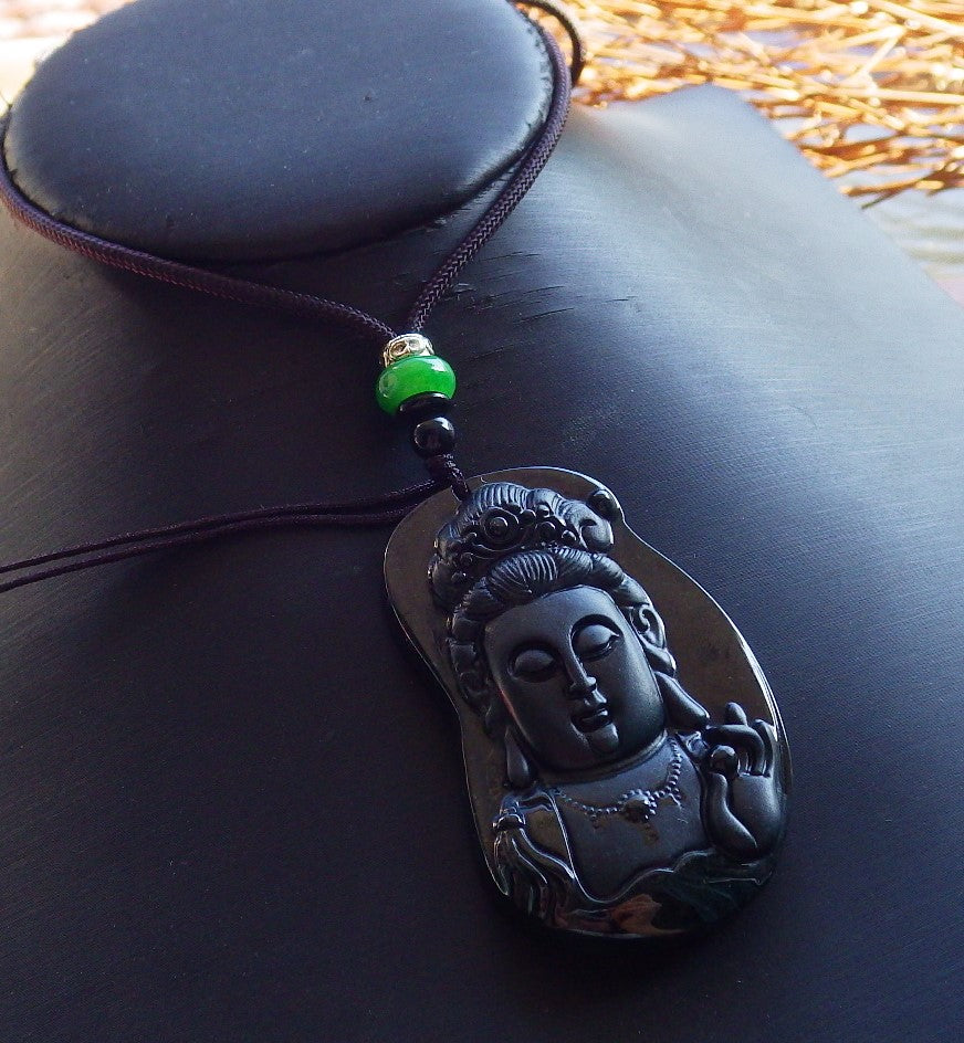 Certified Hand Carved Dark Green Natural Myanmar Burma A Jade Jadeite Guanyin Kwan yin Pendant Necklace