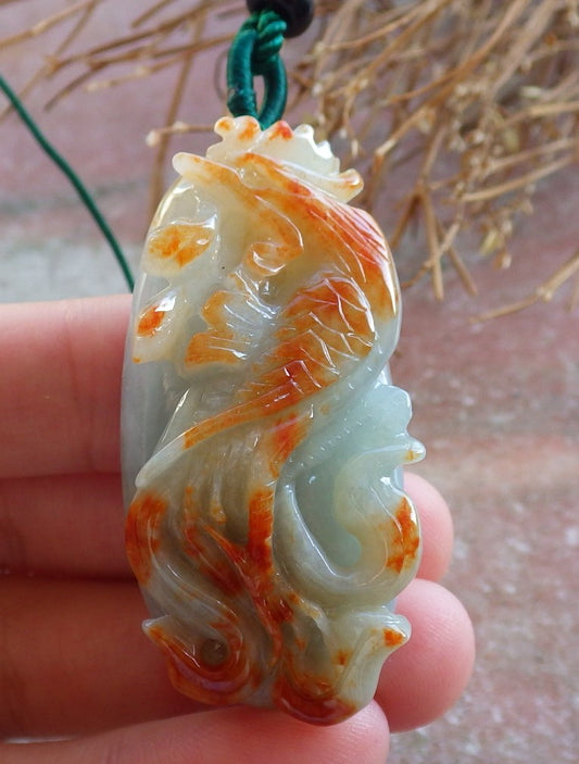 Certified Hand Carved Green Red Natural Myanmar Burma Grade A Jade jadeite Phoenix Bird Lotus Flower Lucky Amulet Pendant Necklace