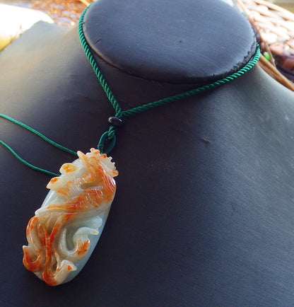 Certified Hand Carved Green Red Natural Myanmar Burma Grade A Jade jadeite Phoenix Bird Lotus Flower Lucky Amulet Pendant Necklace