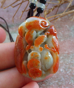 Certified Hand Carved Green Red Natural Myanmar Burma Grade A Jade jadeite Phoenix Bird Lotus Flower Lucky Amulet Pendant Necklace