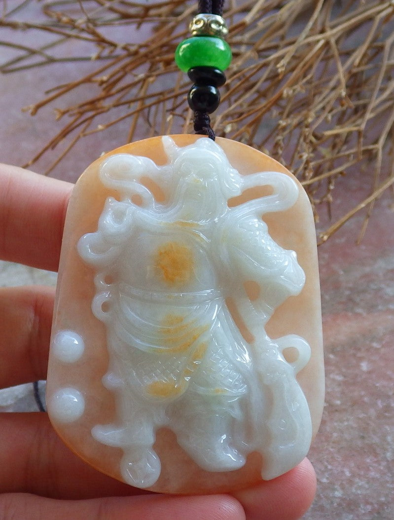 Certified Hand Carved Green Yellow Natural Myanmar Burma A Jade jadeite Fight God Guan Gong God Guangyu Broadword Pendant Necklace