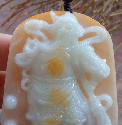 Certified Hand Carved Green Yellow Natural Myanmar Burma A Jade jadeite Fight God Guan Gong God Guangyu Broadword Pendant Necklace