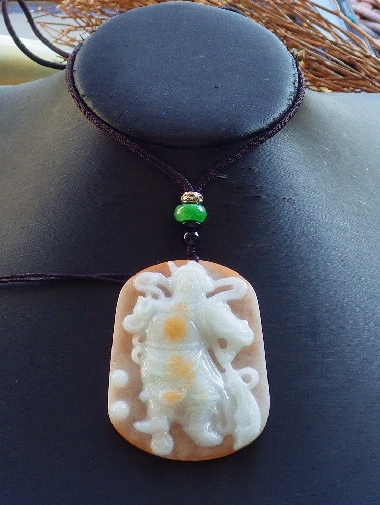 Certified Hand Carved Green Yellow Natural Myanmar Burma A Jade jadeite Fight God Guan Gong God Guangyu Broadword Pendant Necklace