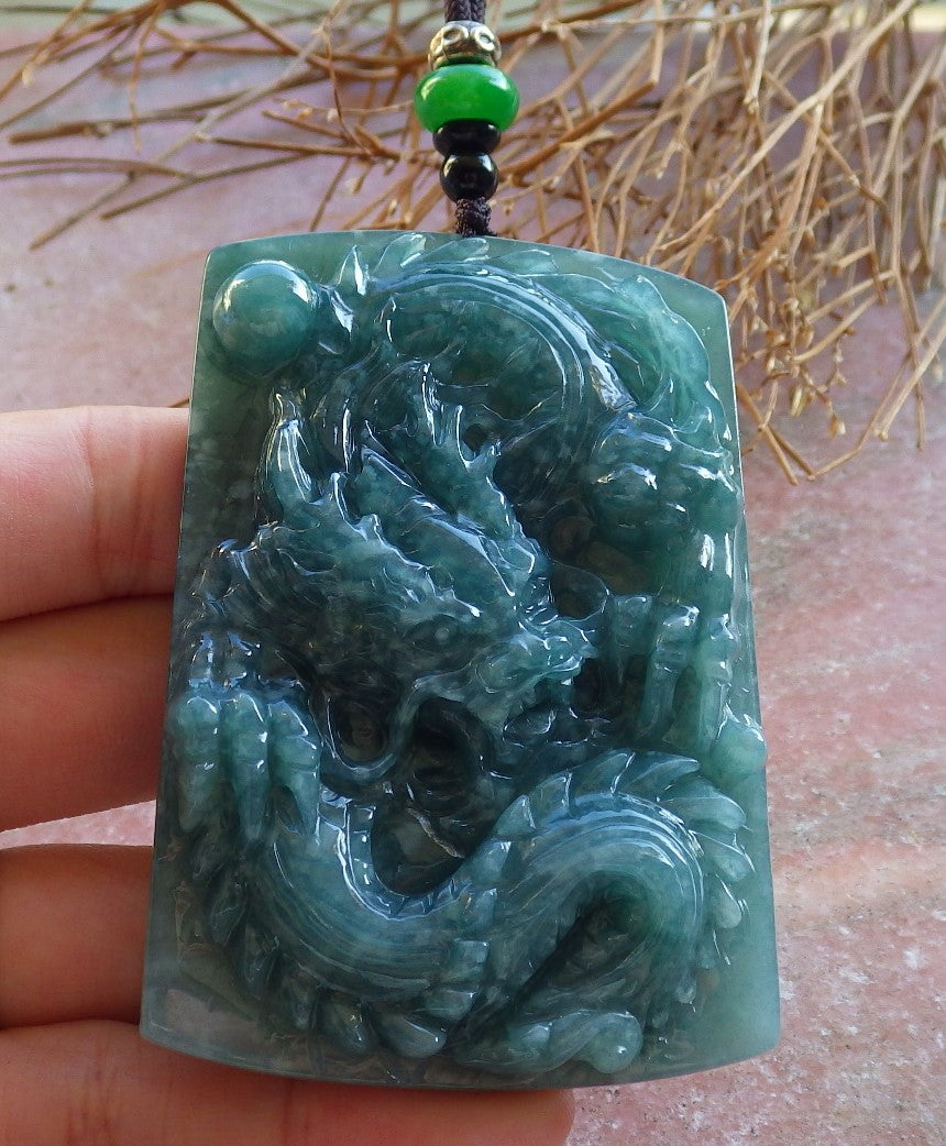 Certified Hand Carved Green Natural Burma A Jade jadeite Pendant Dragon Ruyi Bead Beads Pendant Necklace