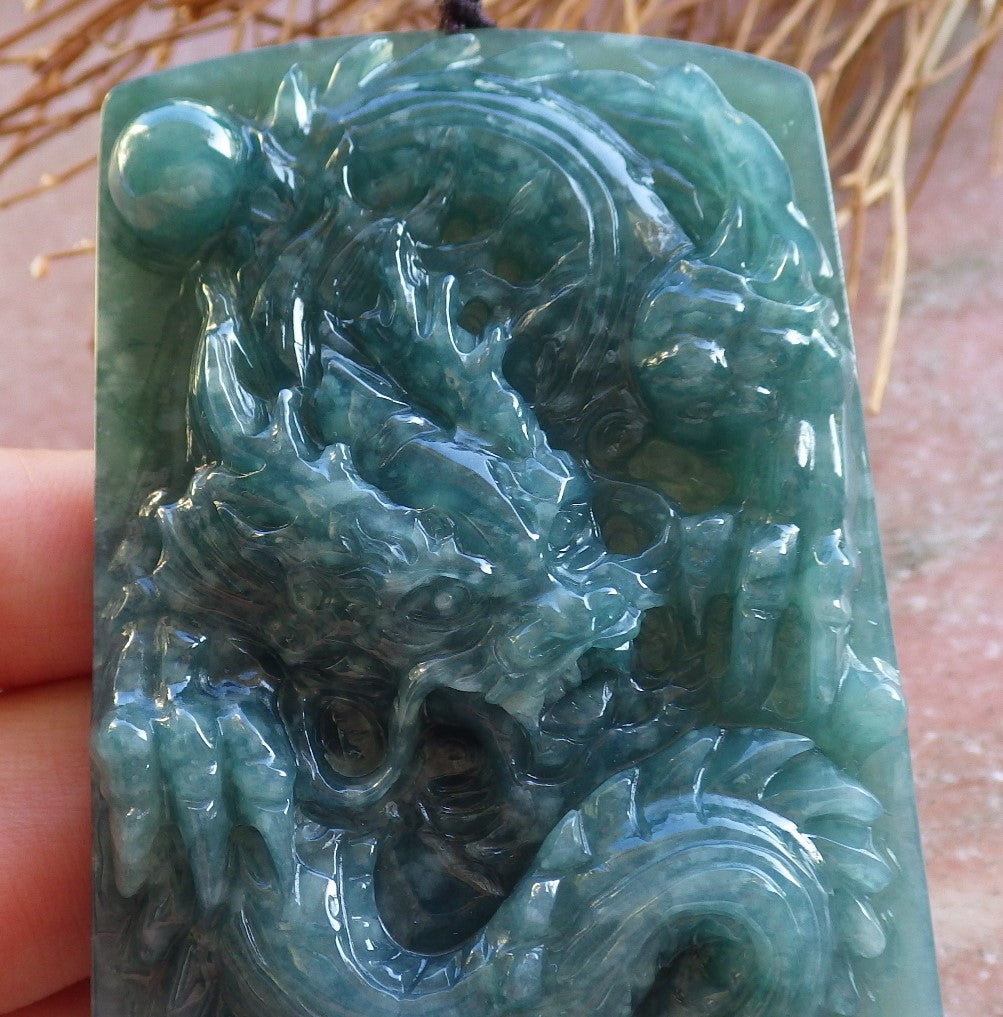 Certified Hand Carved Green Natural Burma A Jade jadeite Pendant Dragon Ruyi Bead Beads Pendant Necklace