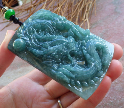 Certified Hand Carved Green Natural Burma A Jade jadeite Pendant Dragon Ruyi Bead Beads Pendant Necklace