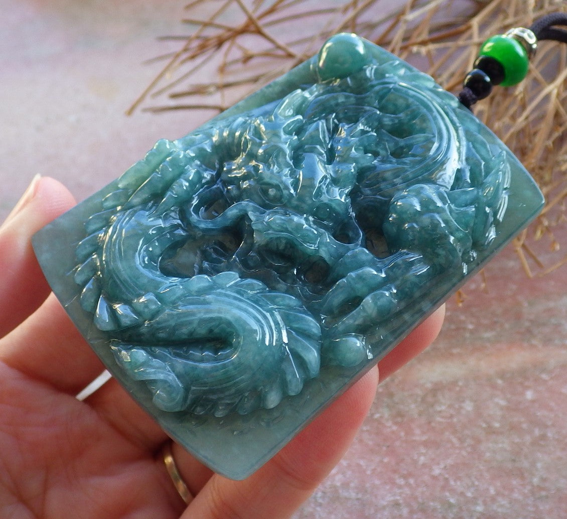 Certified Hand Carved Green Natural Burma A Jade jadeite Pendant Dragon Ruyi Bead Beads Pendant Necklace