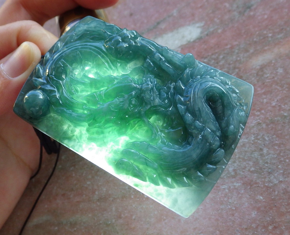 Certified Hand Carved Green Natural Burma A Jade jadeite Pendant Dragon Ruyi Bead Beads Pendant Necklace