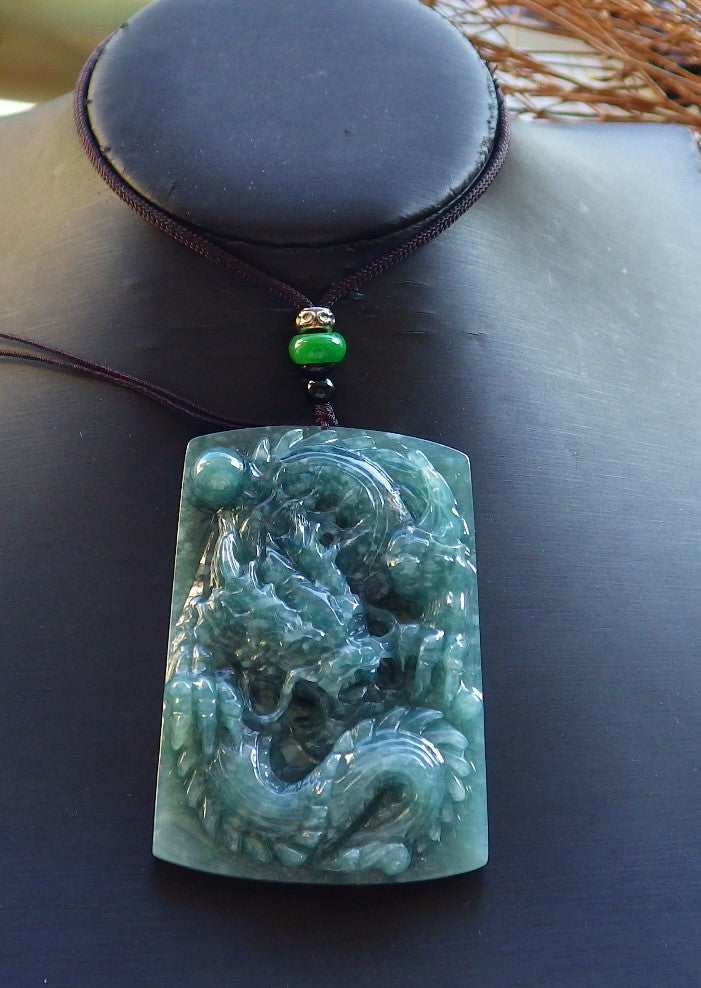 Certified Hand Carved Green Natural Burma A Jade jadeite Pendant Dragon Ruyi Bead Beads Pendant Necklace