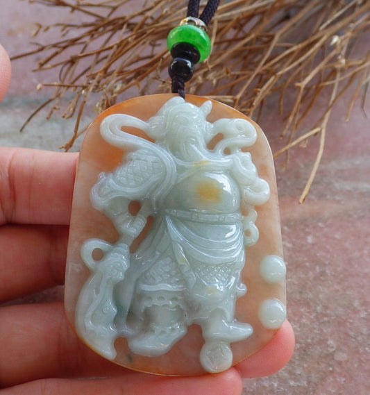 Certified Hand Carved Green Yellow Natural Myanmar Burma A Jade jadeite Fight God Guan Gong God Guangyu Broadword Pendant Necklace