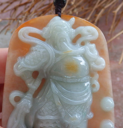 Certified Hand Carved Green Yellow Natural Myanmar Burma A Jade jadeite Fight God Guan Gong God Guangyu Broadword Pendant Necklace