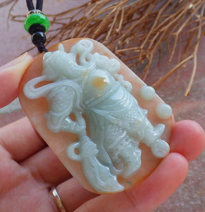 Certified Hand Carved Green Yellow Natural Myanmar Burma A Jade jadeite Fight God Guan Gong God Guangyu Broadword Pendant Necklace