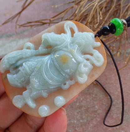 Certified Hand Carved Green Yellow Natural Myanmar Burma A Jade jadeite Fight God Guan Gong God Guangyu Broadword Pendant Necklace