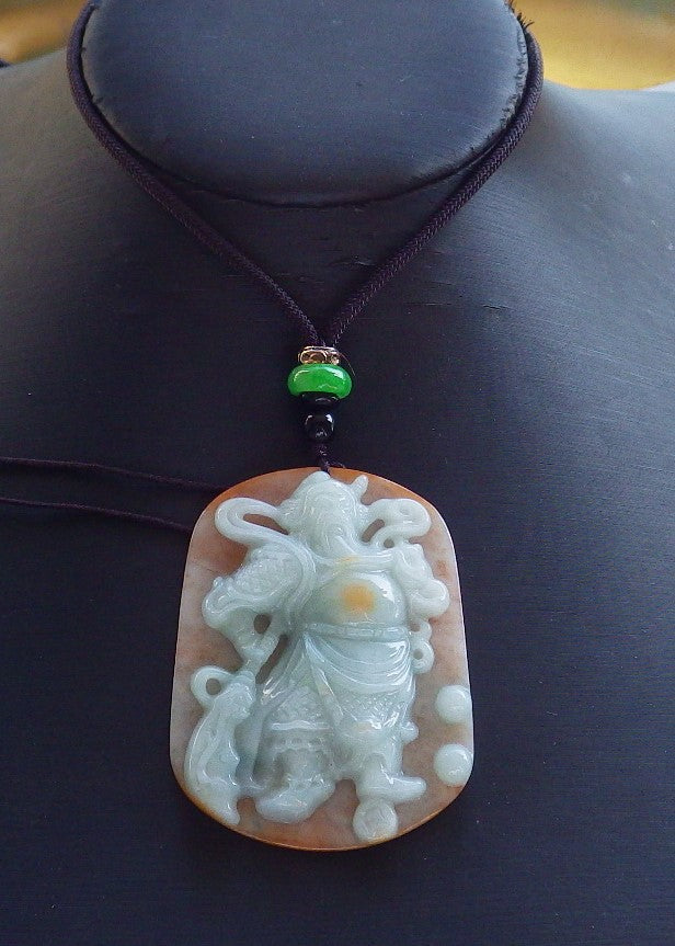 Certified Hand Carved Green Yellow Natural Myanmar Burma A Jade jadeite Fight God Guan Gong God Guangyu Broadword Pendant Necklace