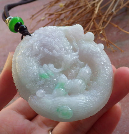 Certified Hand Carved Green Natural Burma A Jade jadeite Pendant Dragon Peanut Circle Pendant Necklace