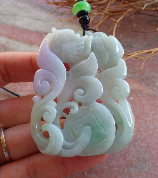 Certified Green Lavender Natural Myanmar Burma A Jade Jadeite Phoenix Mandarin Duck Ruyi Pendant Necklace