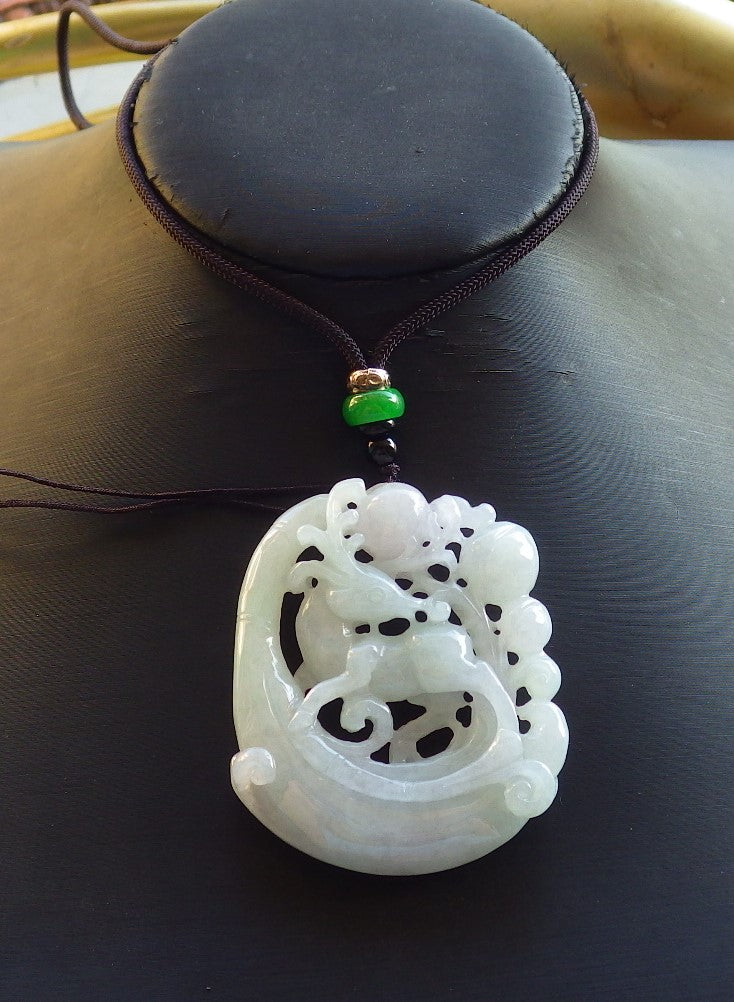 Certified Hand Carved Green Myanmar Burma Natural A Jade jadeite Deer Flower Peach Pendant Necklace