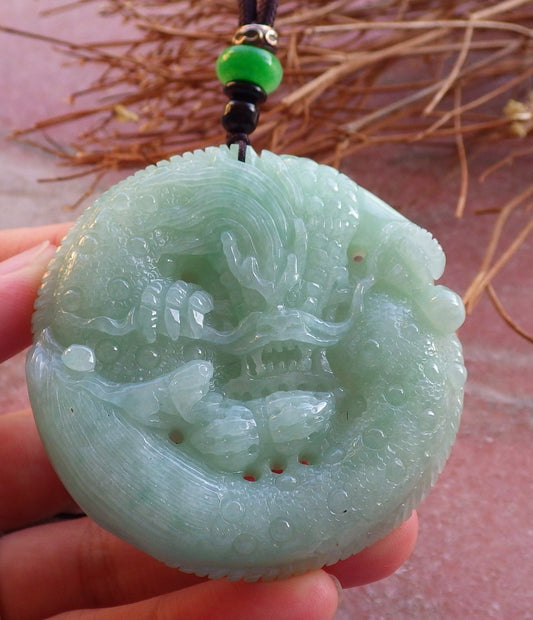 Certified Hand Carved Green Natural Burma A Jade jadeite Dragon Peanut Pendant Necklace