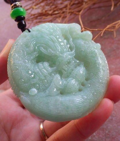 Certified Hand Carved Green Natural Burma A Jade jadeite Dragon Peanut Pendant Necklace