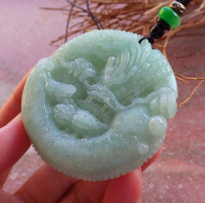 Certified Hand Carved Green Natural Burma A Jade jadeite Dragon Peanut Pendant Necklace