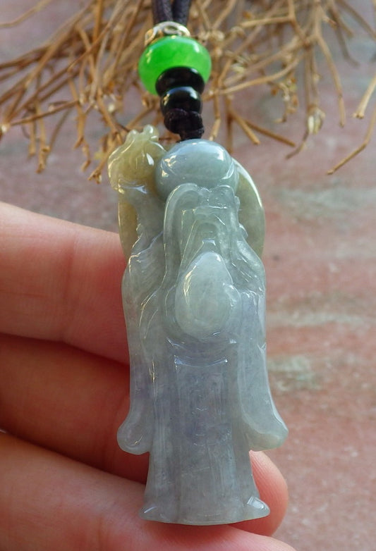 Certified Hand Carved Lavender Yellow Green Natural Myanmar Burma Grade A Jade Jadeite The God of Longevity Life Pendant Necklace