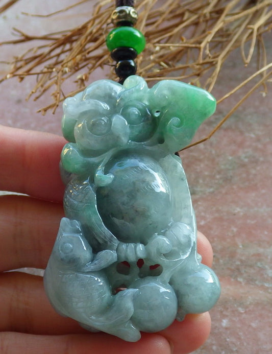 Certified Hand Carved Green Natural Myanmar Burma A Jade jadeite Owl Lotus Flower Fish Ruyi Pendant Necklace