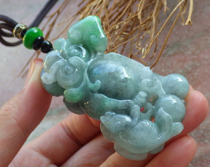 Certified Hand Carved Green Natural Myanmar Burma A Jade jadeite Owl Lotus Flower Fish Ruyi Pendant Necklace