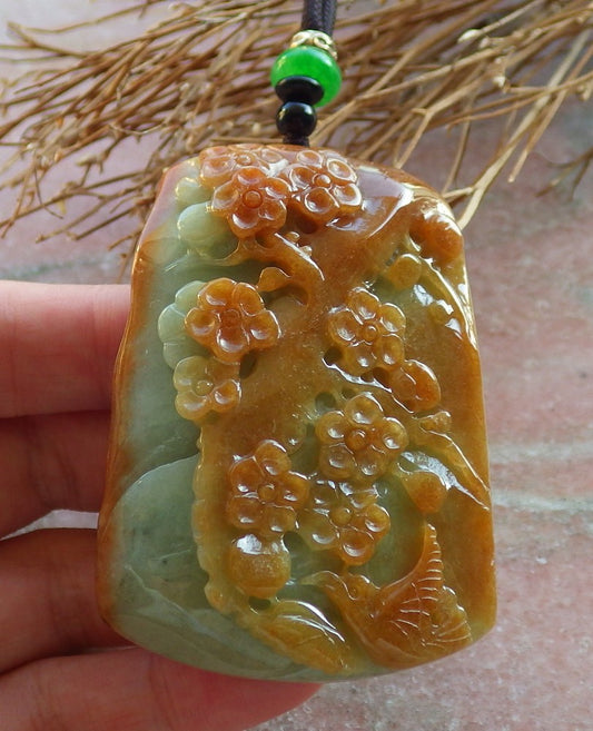 Certified Hand Carved Red Green Natural Myanmar Burma Grade A Jade jadeite Phoenix Bird Flower Pendant Necklace