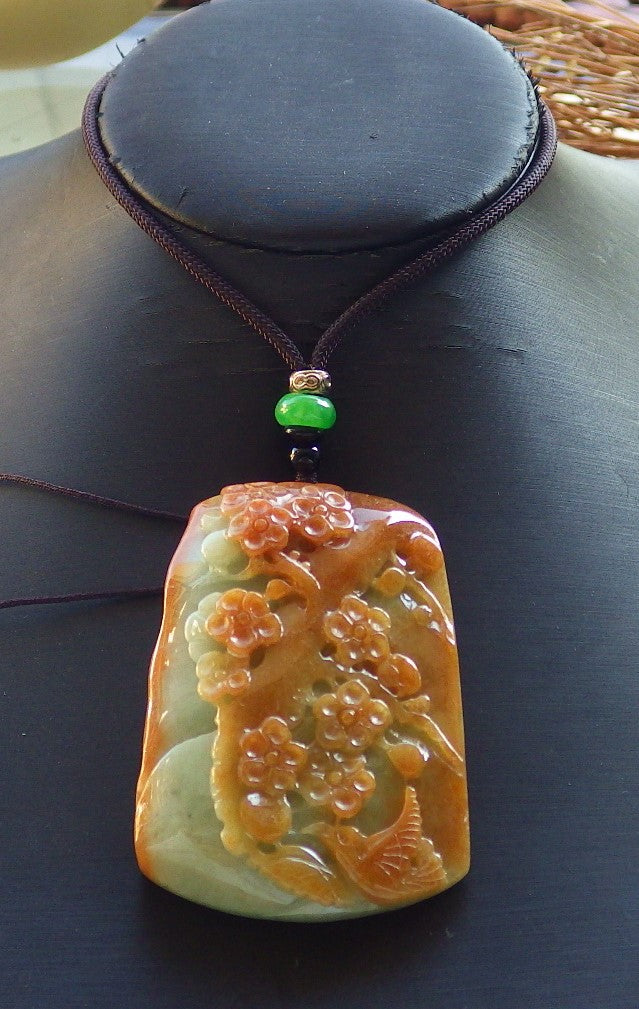 Certified Hand Carved Red Green Natural Myanmar Burma Grade A Jade jadeite Phoenix Bird Flower Pendant Necklace