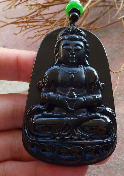 Certified Hand Carved Black Dark Green Natural Myanmar Burma A Jade jadeite Guanyin Kwan Yin Pendant Necklace