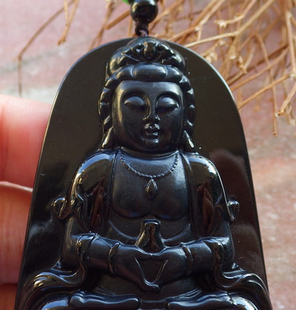 Certified Hand Carved Black Dark Green Natural Myanmar Burma A Jade jadeite Guanyin Kwan Yin Pendant Necklace