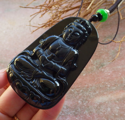 Certified Hand Carved Black Dark Green Natural Myanmar Burma A Jade jadeite Guanyin Kwan Yin Pendant Necklace