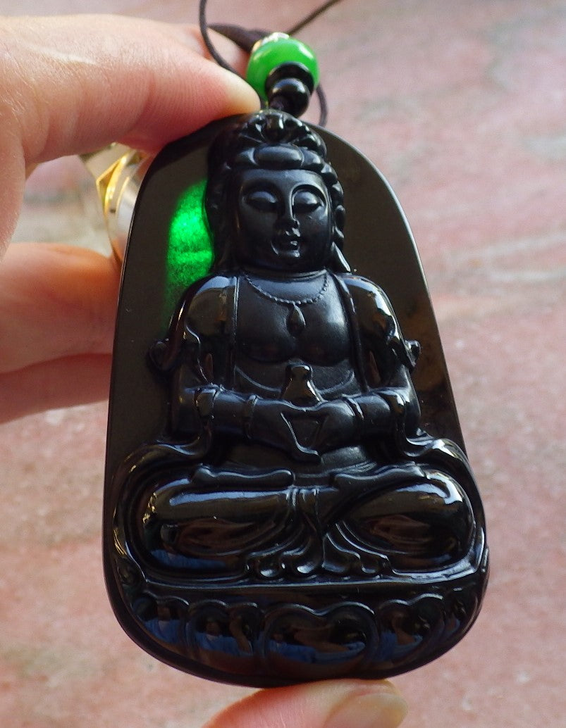 Certified Hand Carved Black Dark Green Natural Myanmar Burma A Jade jadeite Guanyin Kwan Yin Pendant Necklace