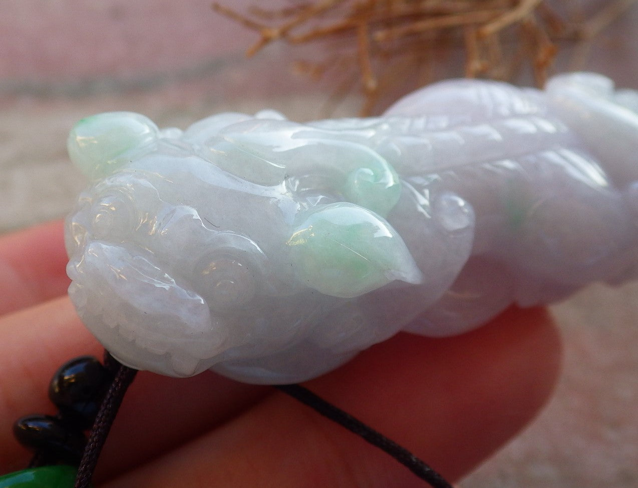 Certified Hand Carved Natural Lavender Green Myanmar Burma A Jade jadeite Dragon Pi Xiu Pendant Necklace