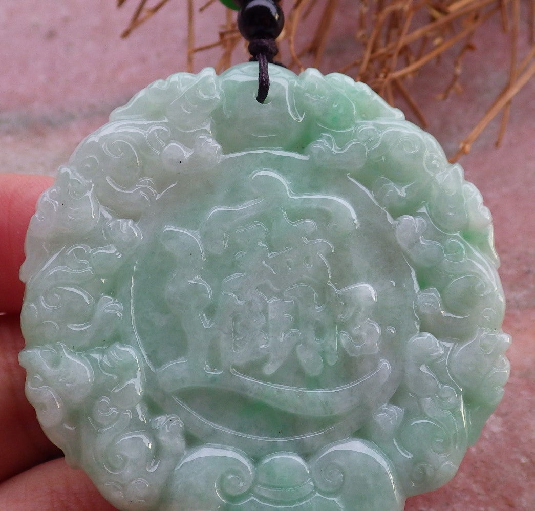 Certified Hand Carved Green 100% Natural Myanmar Burma A Jade Jadeite Dragon Ruyi Lotus Pi xiu Lucky Chinese Word Amulet Pendant Necklace