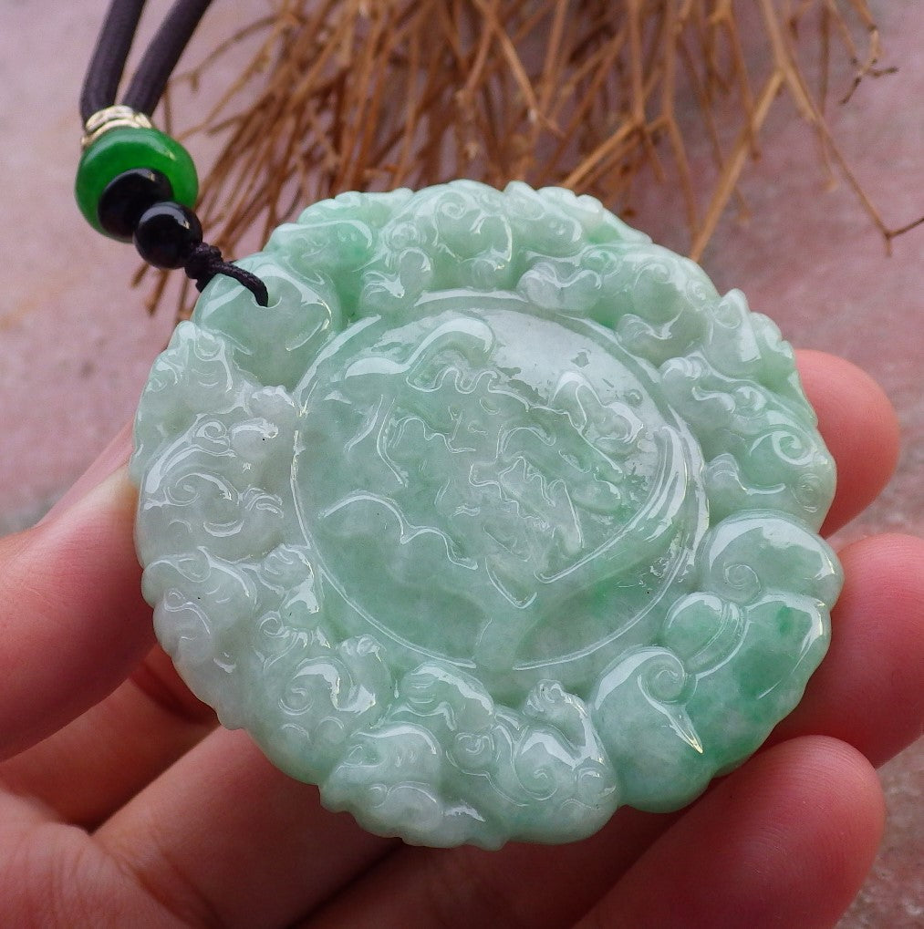 Certified Hand Carved Green 100% Natural Myanmar Burma A Jade Jadeite Dragon Ruyi Lotus Pi xiu Lucky Chinese Word Amulet Pendant Necklace