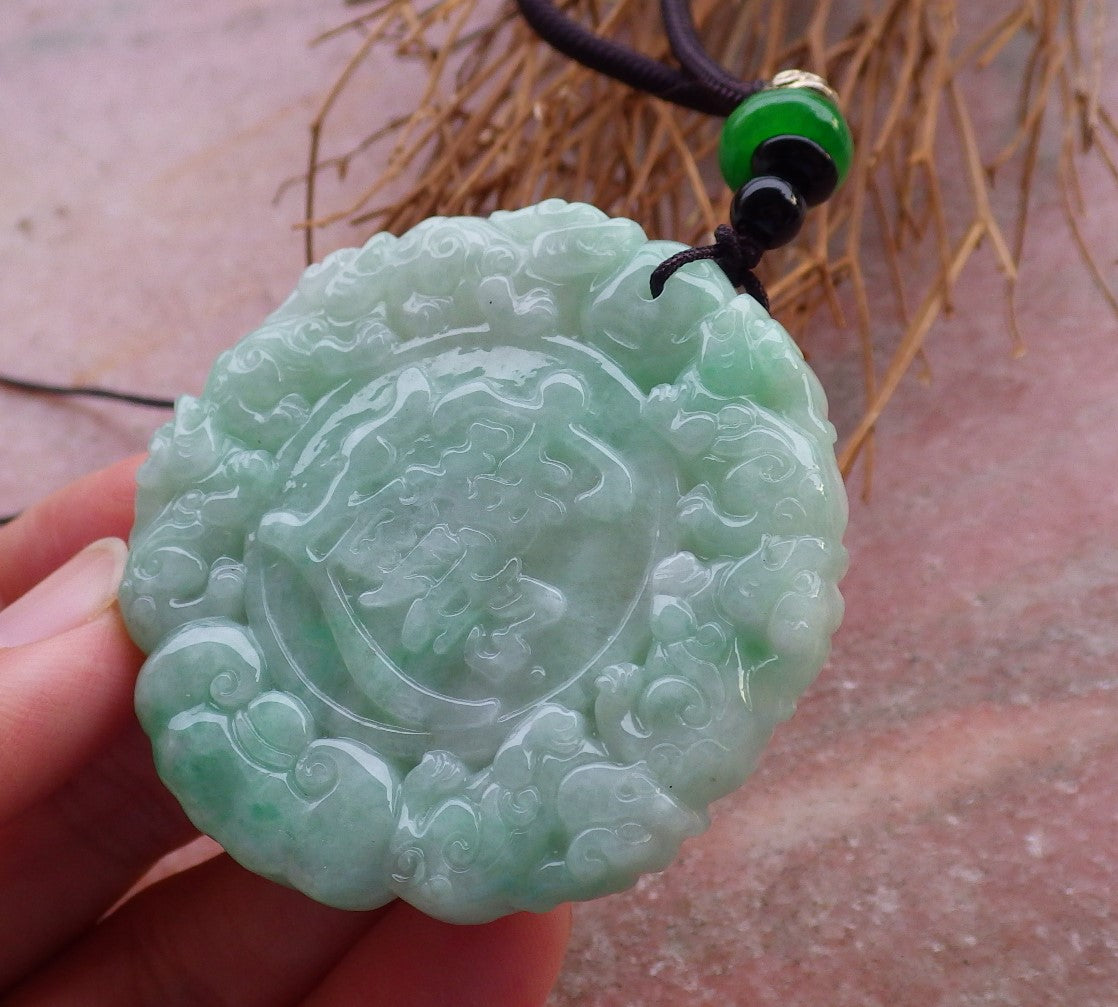 Certified Hand Carved Green 100% Natural Myanmar Burma A Jade Jadeite Dragon Ruyi Lotus Pi xiu Lucky Chinese Word Amulet Pendant Necklace