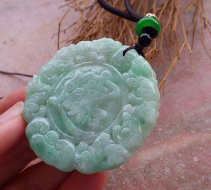 Certified Hand Carved Green 100% Natural Myanmar Burma A Jade Jadeite Dragon Ruyi Lotus Pi xiu Lucky Chinese Word Amulet Pendant Necklace