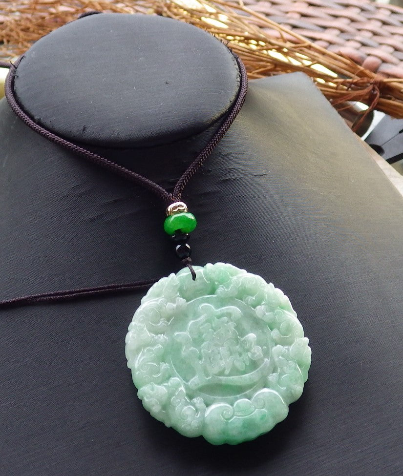 Certified Hand Carved Green 100% Natural Myanmar Burma A Jade Jadeite Dragon Ruyi Lotus Pi xiu Lucky Chinese Word Amulet Pendant Necklace