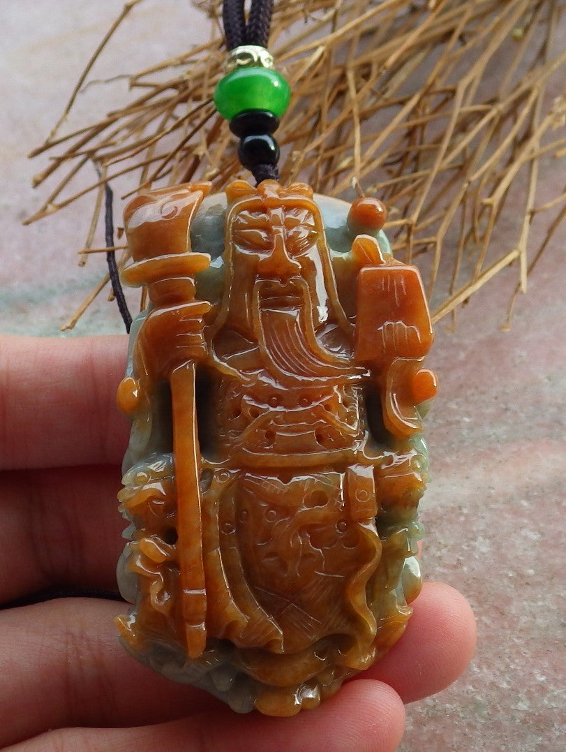 Certified Hand Carved Green Red 100% Natural Myanmar Burma A Jade jadeite Fight God Guan Gong God Guangyu Broadword Pendant Necklace