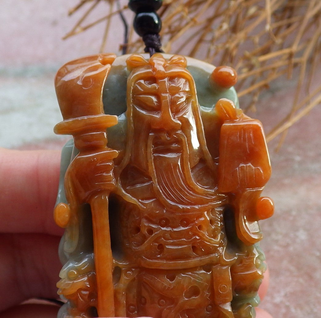 Certified Hand Carved Green Red 100% Natural Myanmar Burma A Jade jadeite Fight God Guan Gong God Guangyu Broadword Pendant Necklace