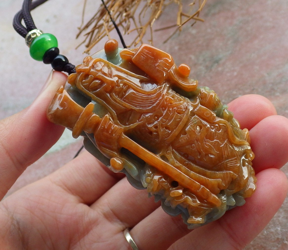 Certified Hand Carved Green Red 100% Natural Myanmar Burma A Jade jadeite Fight God Guan Gong God Guangyu Broadword Pendant Necklace