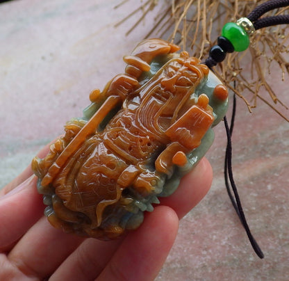 Certified Hand Carved Green Red 100% Natural Myanmar Burma A Jade jadeite Fight God Guan Gong God Guangyu Broadword Pendant Necklace