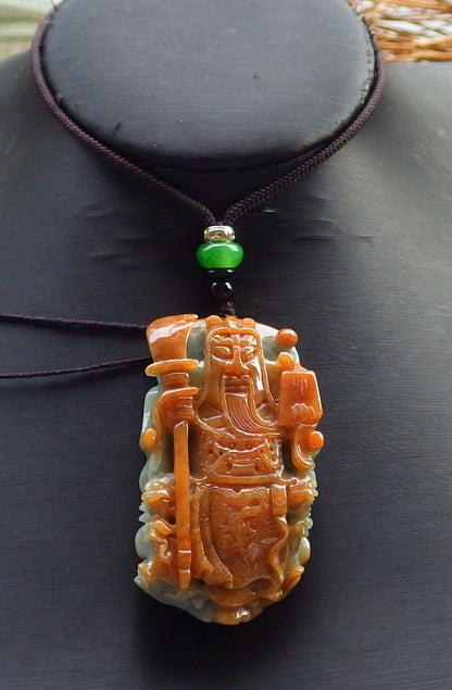 Certified Hand Carved Green Red 100% Natural Myanmar Burma A Jade jadeite Fight God Guan Gong God Guangyu Broadword Pendant Necklace