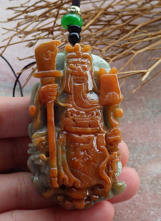 Certified Hand Carved Green Red 100% Natural Myanmar Burma A Jade jadeite Fight God Guan Gong God Guangyu Broadword Pendant Necklace