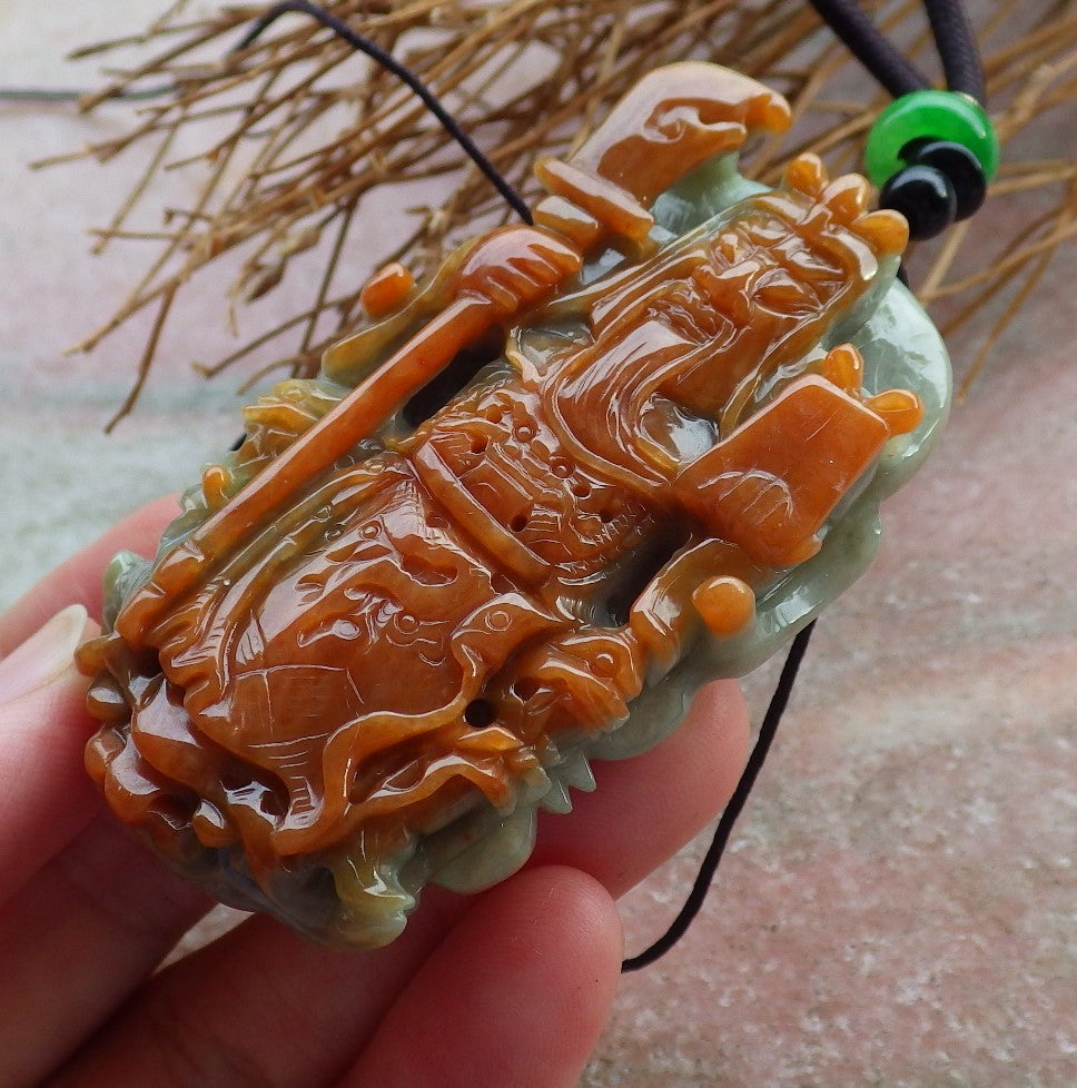 Certified Hand Carved Green Red 100% Natural Myanmar Burma A Jade jadeite Fight God Guan Gong God Guangyu Broadword Pendant Necklace